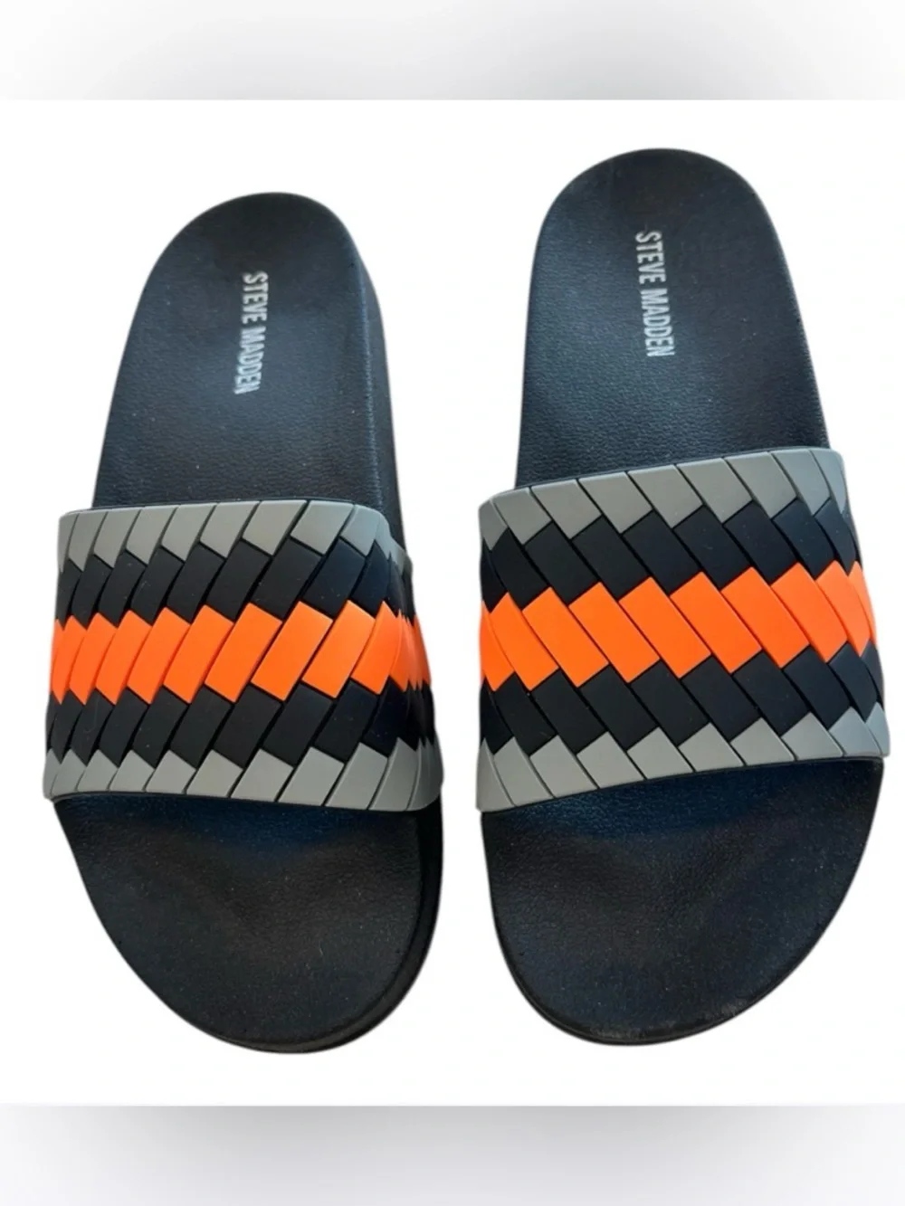 Steve Madden Black Slides with Orange and Gray Woven Strap NWOT